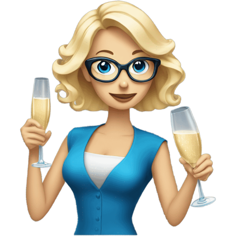 À blonde woman with blue eyes wearing glasses opening a bottle of champagne emoji