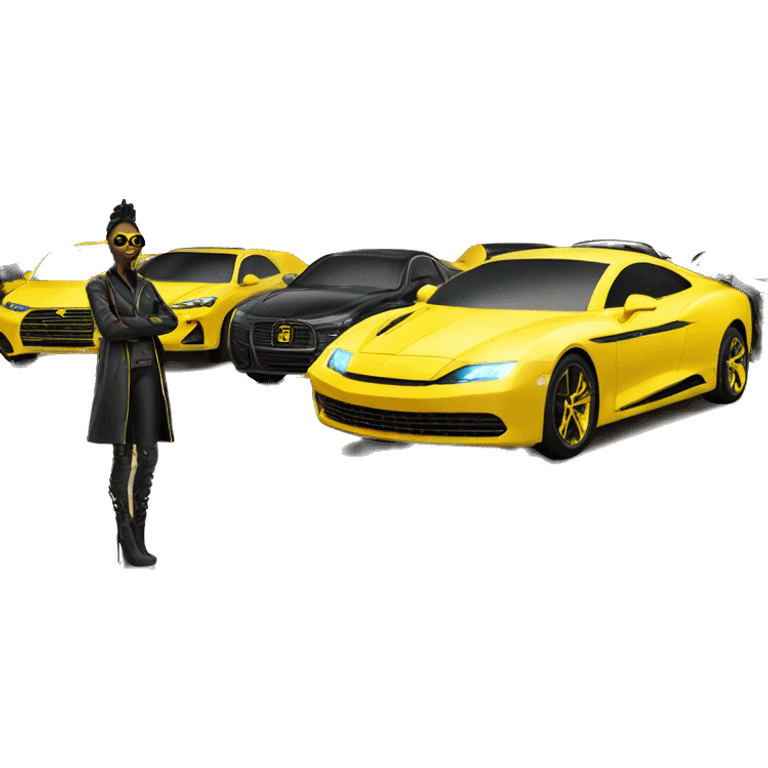 yellow cyber punk in front luxury cars emoji