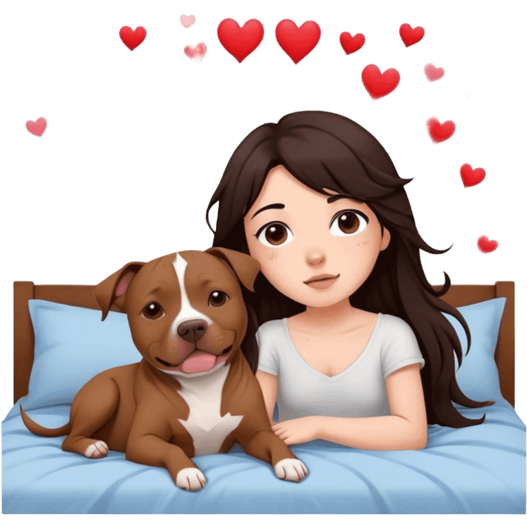 A pretty girl with long dark hair layered  in messy pieces cascading down her face sits on the bed with her brown pit bull  laying beside of her heart is flying all around emoji