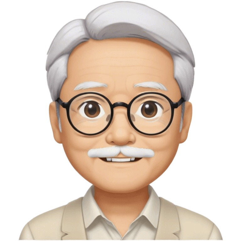 ​Cinematic Realistic Portrait of Hayao Miyazaki, depicted with defined black eyebrows, and large rectangular glasses, his happy expression rendered in lifelike detail, illuminated with soft, realistic lighting that emphasizes his creative genius, emoji