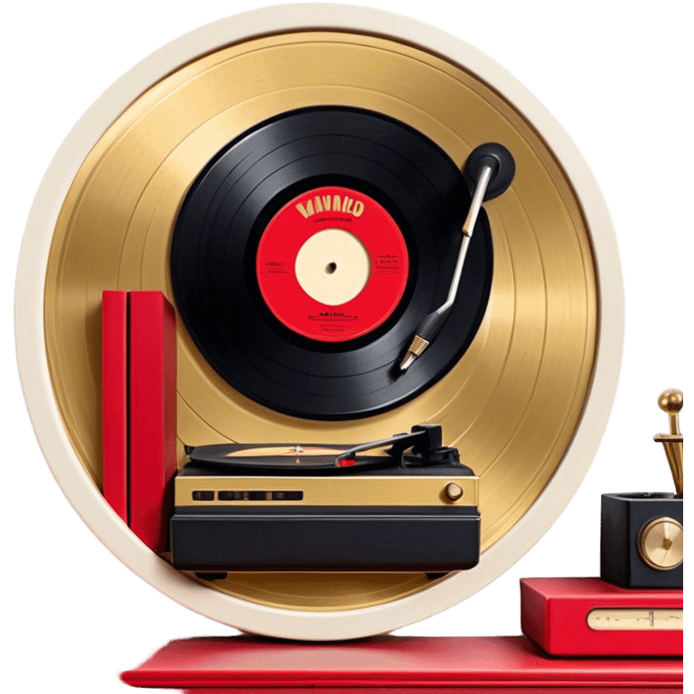 Icon for Vinyl Record Collecting: large black, golden and red vinyl records in decorative packaging featuring artist images, neatly arranged on a wall or shelf, modern vinyl record player. The icon should reflect the aesthetic and artistic aspect of collecting vinyl records. Transparent background. emoji