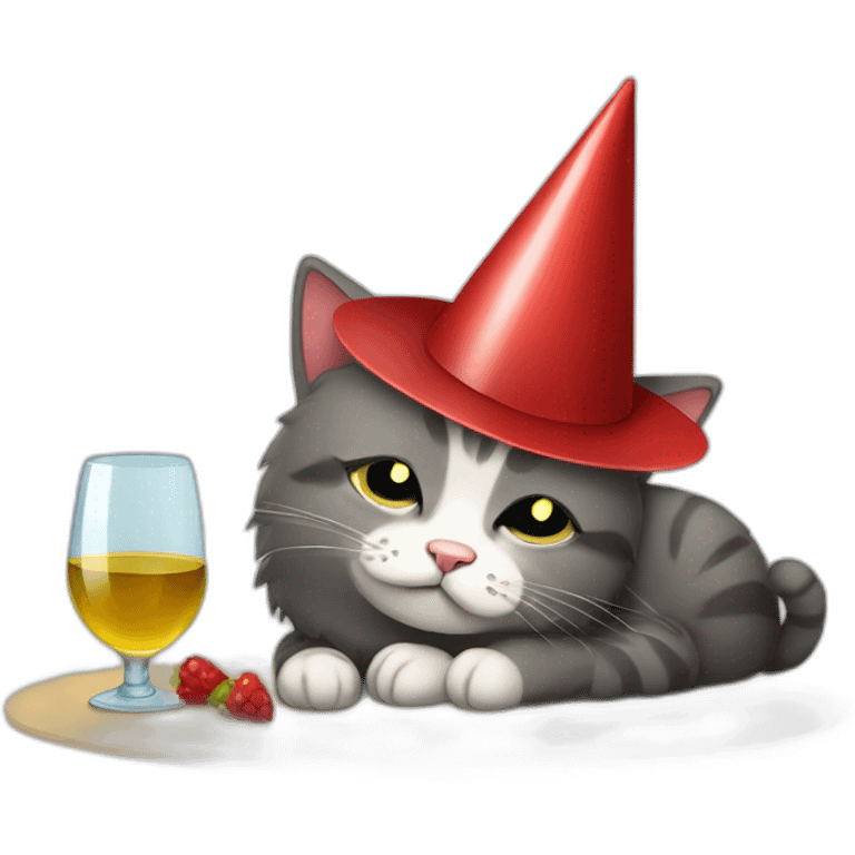 depressed tired kitty drinking wine and party hat on emoji