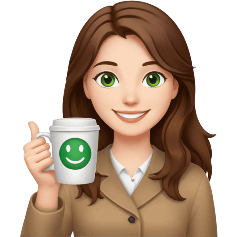 Long, Brown haired girl with middle hair part, with green eyes, smiling, waving with one hand, coffee mug in the other emoji