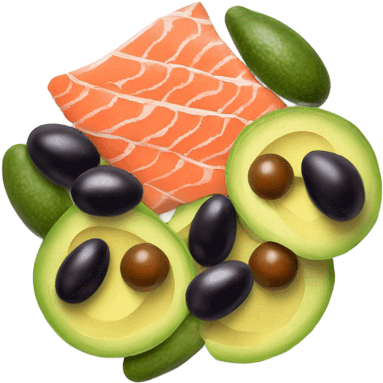 Avocado, olives and red fish plate emoji