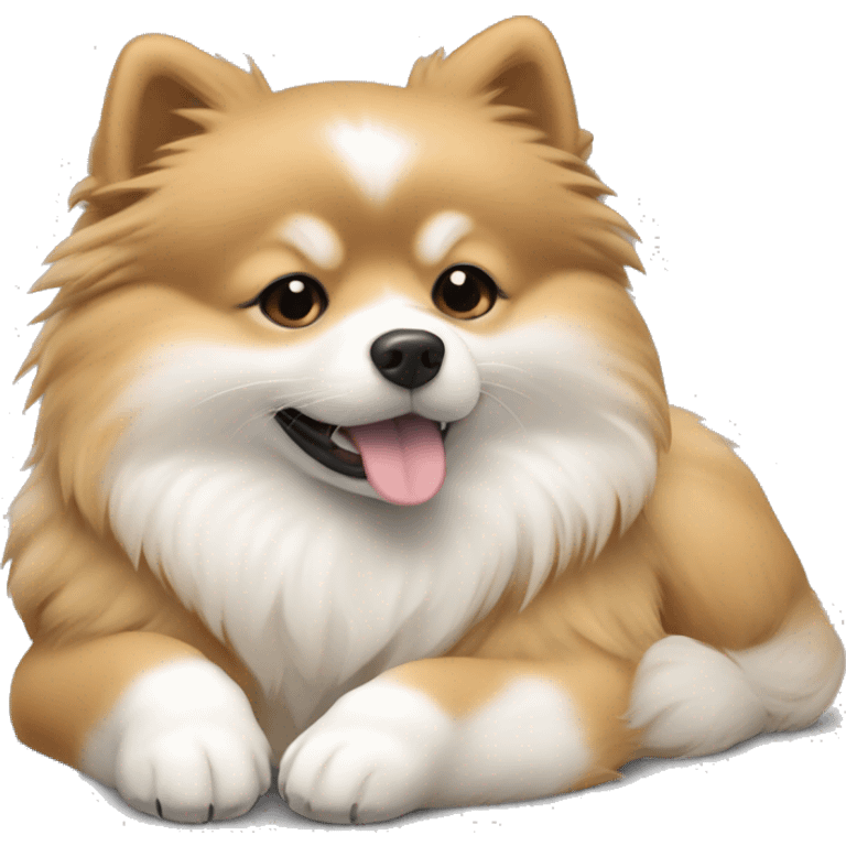 sleeping lying down pomeranian-spitz mix light brown and white with gray ears emoji