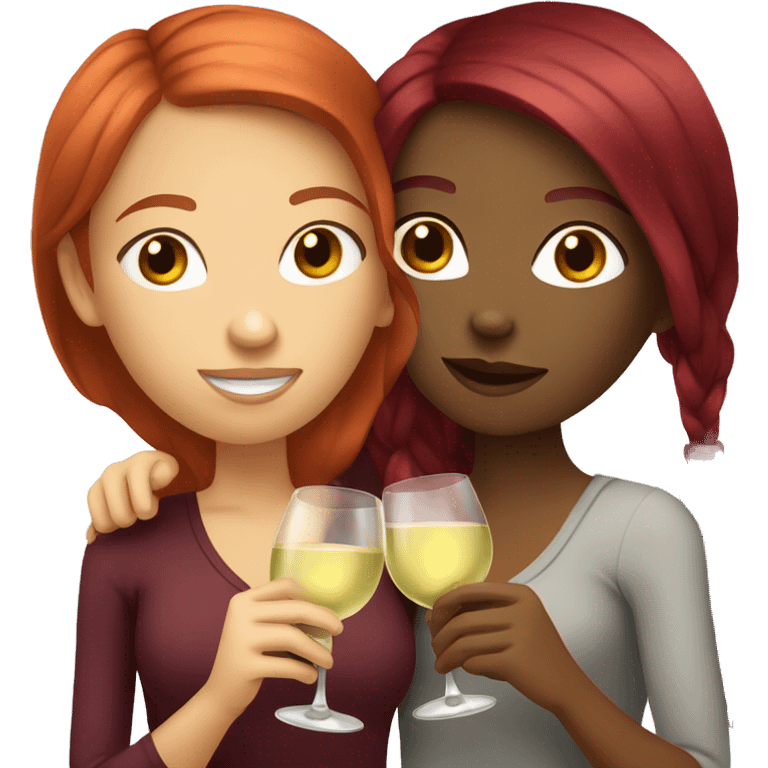 Two girls whit light skin and one red and one bordeaux hair drinking white wine emoji