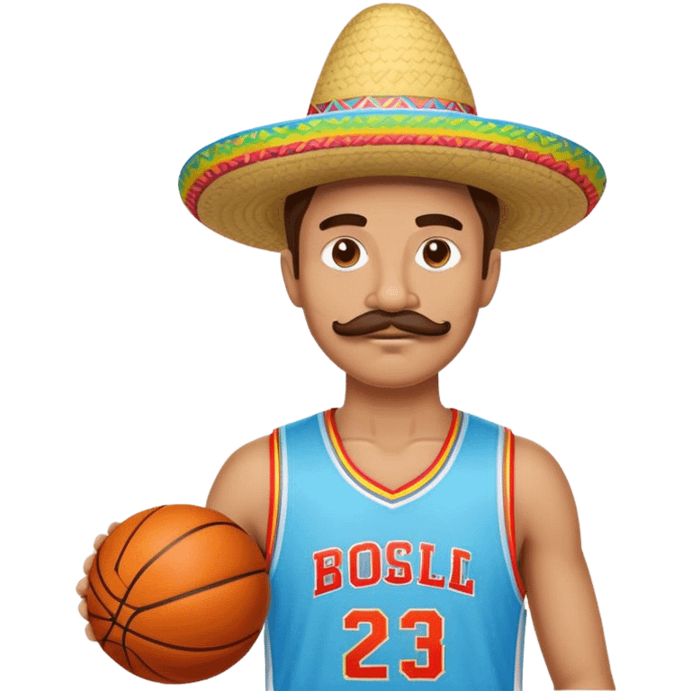 Wearing a fake mustache, a colorful sombrero, and a light blue basketball jersey emoji