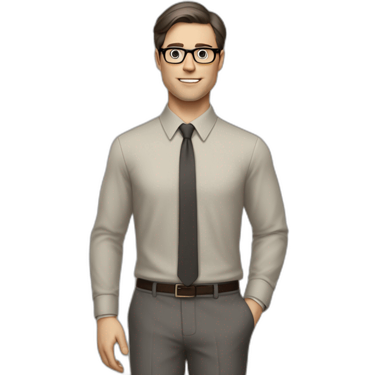 Full height Pale skinned Fit Man With dark brown hair in classic gray suit, beige office shirt, dark gray tie, and vintage glasses. His right hand is directed up emoji