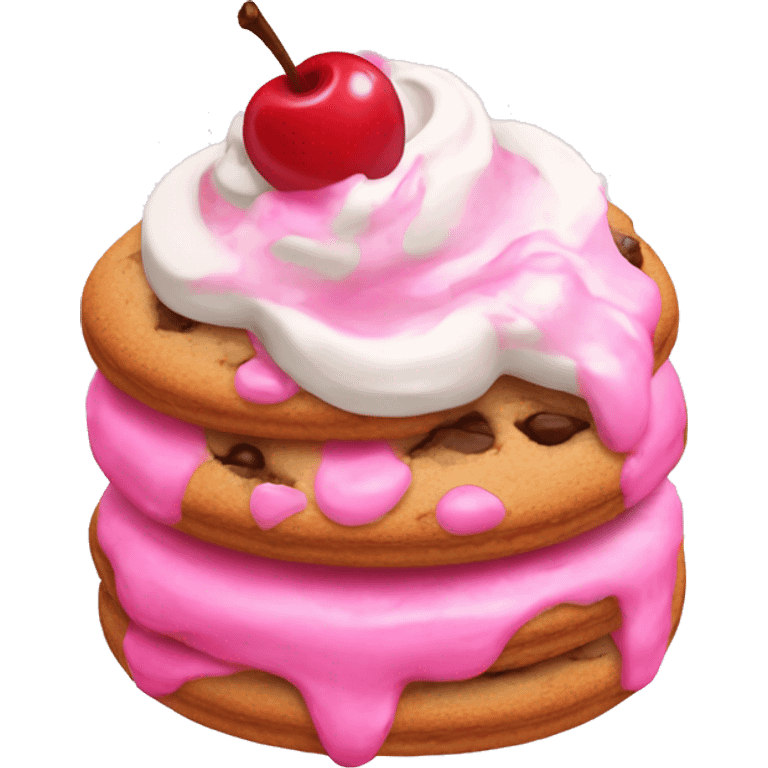 Delicious cookie with pink icing,whipped cream, sprinkles and a cherry on top emoji