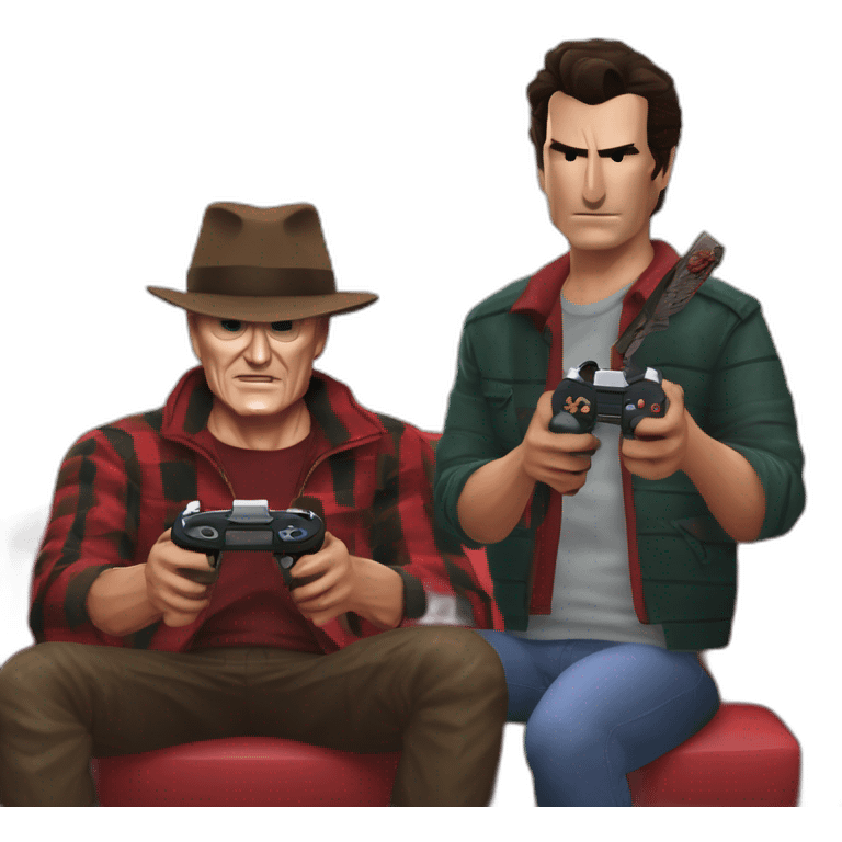 Freddy Krueger and Ash Williams and Jason Voorhees playing a video game emoji