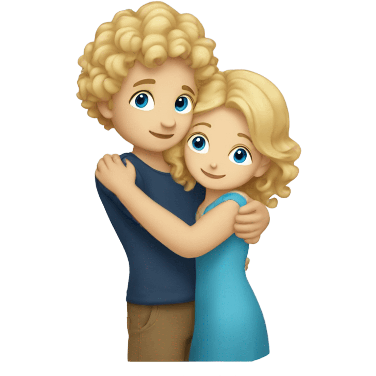 blonde blue eyed girl hugging boy with curly brown hair emoji