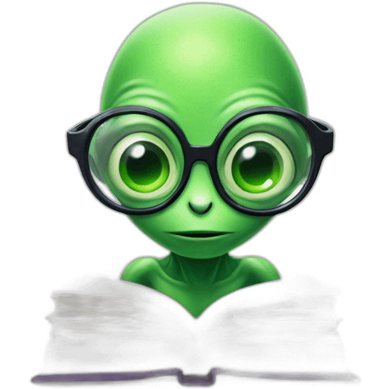 green alien studying in glasses with a book emoji