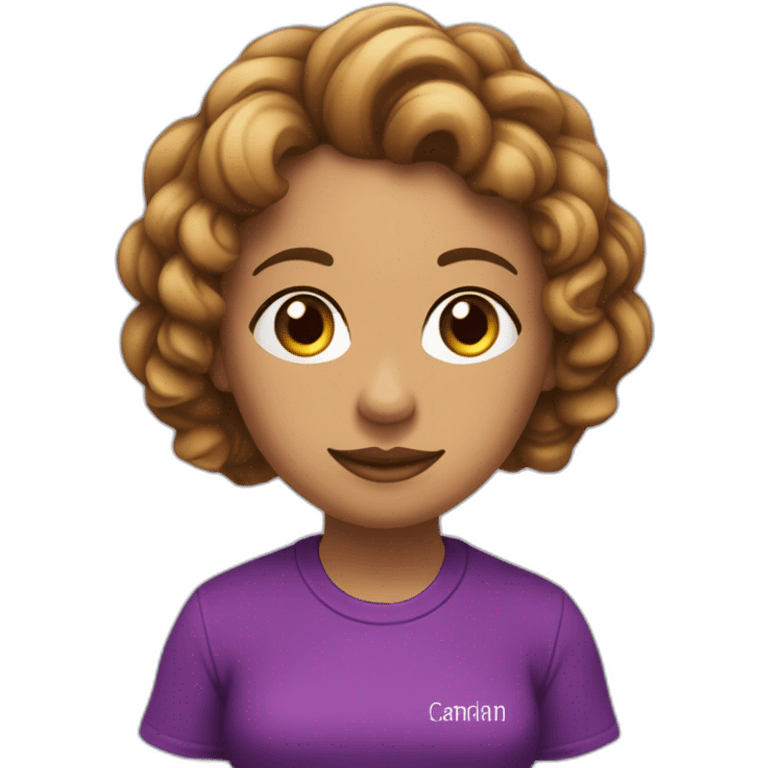 mujer cabello liso marron con ondas y camiseta morada con letras 4tech emoji