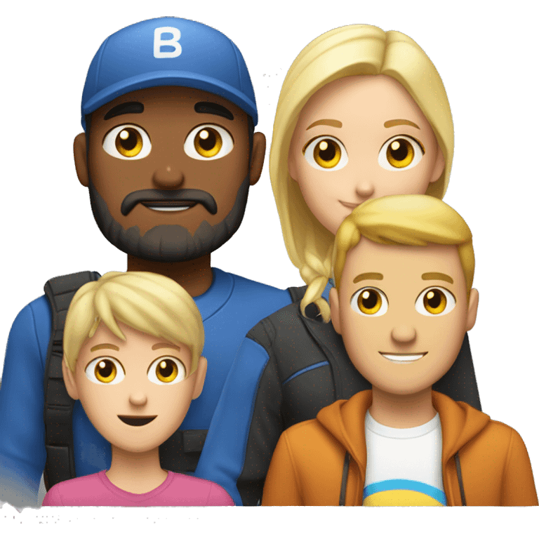 one white dad with a beard and cap, with one latino teen boy with cap and one teen white blond girl emoji