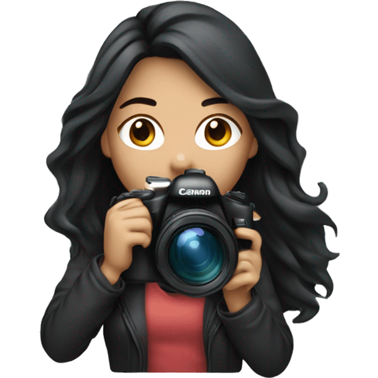 women photographer with long black hair and light skin holding a camera canon emoji