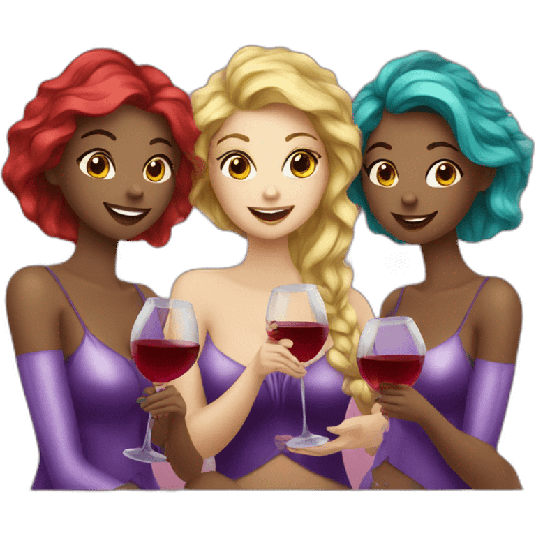 Three beautiful mermaids drinking wine emoji