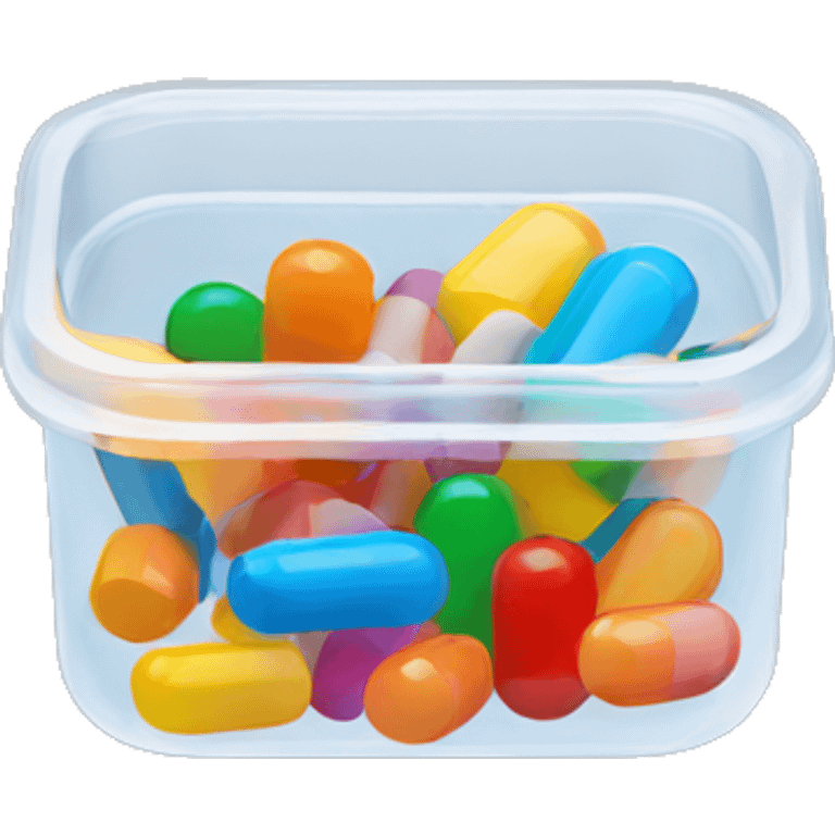 Small translucent plastic container with colorful pills inside emoji