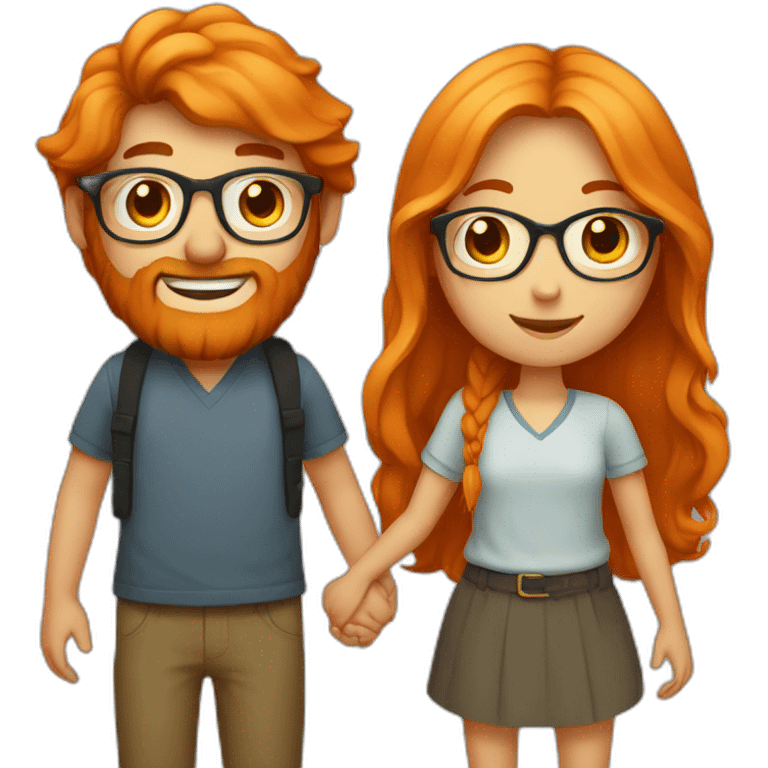 girl with long orange hair holding hands with boy with a beard and glasses emoji