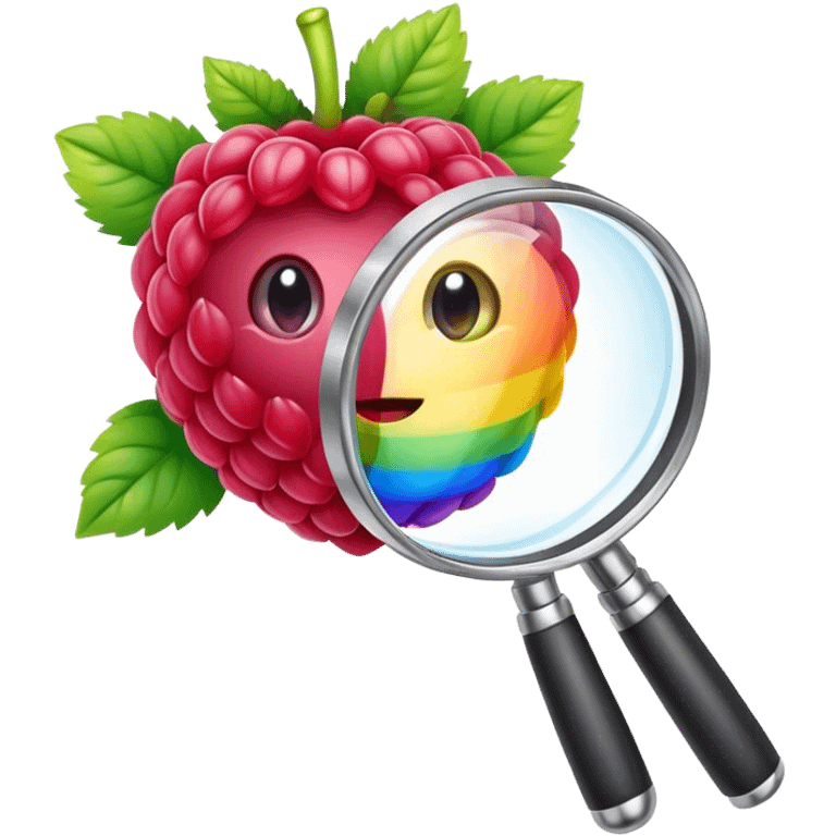 a raspberry holds a rainbow colored magnifier with its budding from handle of magnifier emoji