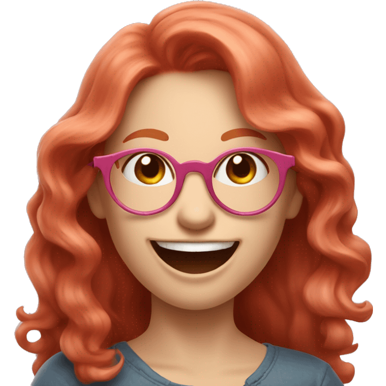 Pale, Long Wavy haired red head, girl with pink circular glasses glasses laughing and pointing emoji