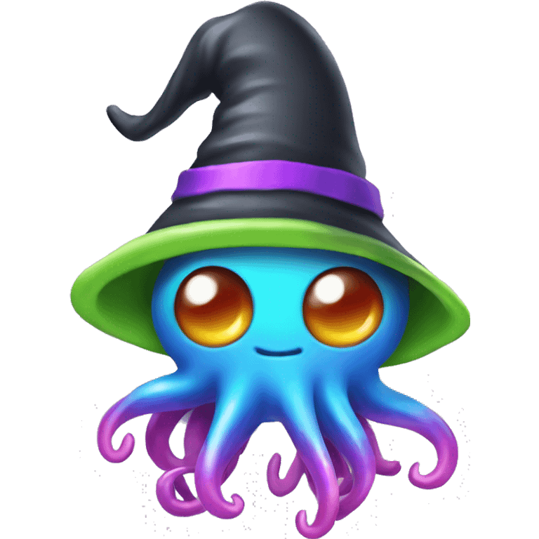 Cute Rainbow chrome squid wearing witch hat  emoji