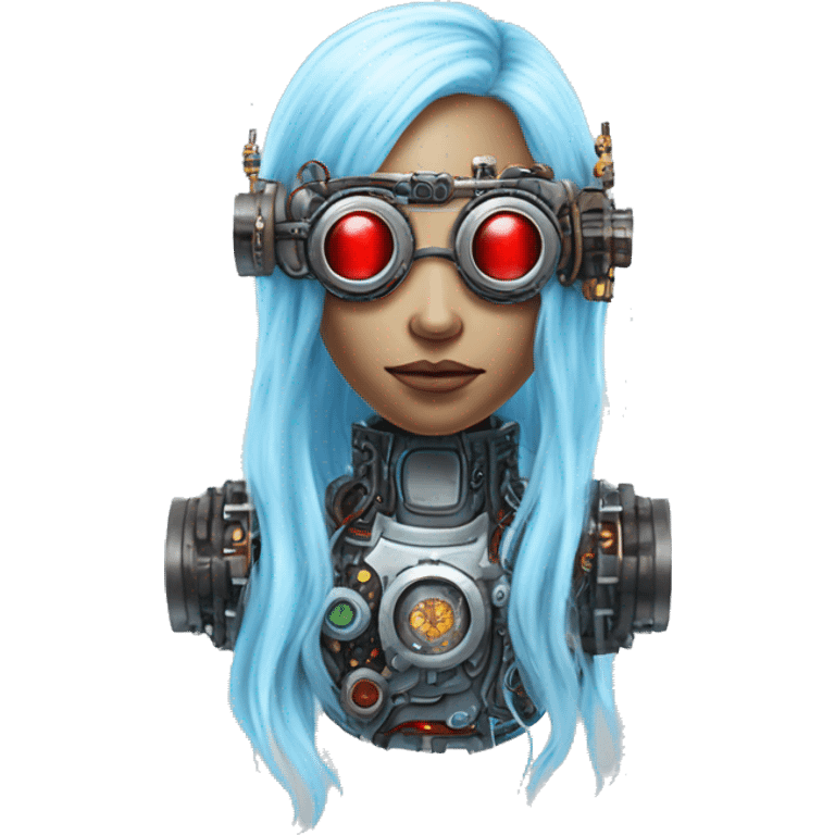 Light blue long hair female cyborg head with red steampunk goggles and circuits emoji