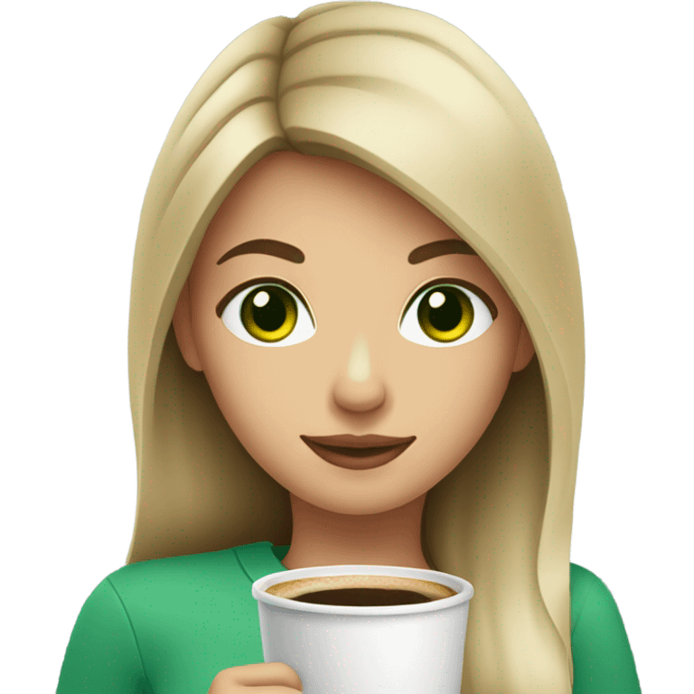 Girl with darkblonde hair, green eyes and a coffee cu emoji