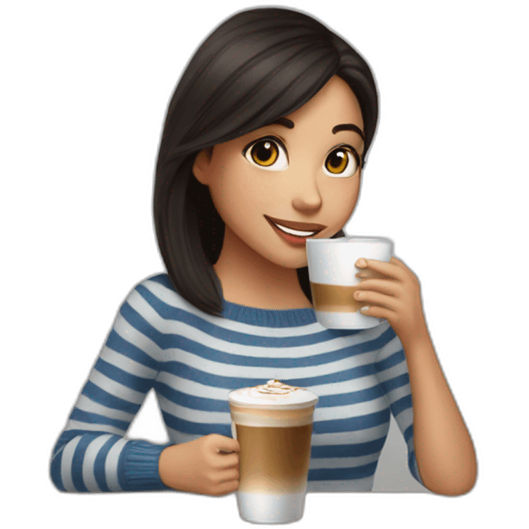 Girl with dark hair, wearing jeans and striped sweater, drinks hot cappuccino  emoji