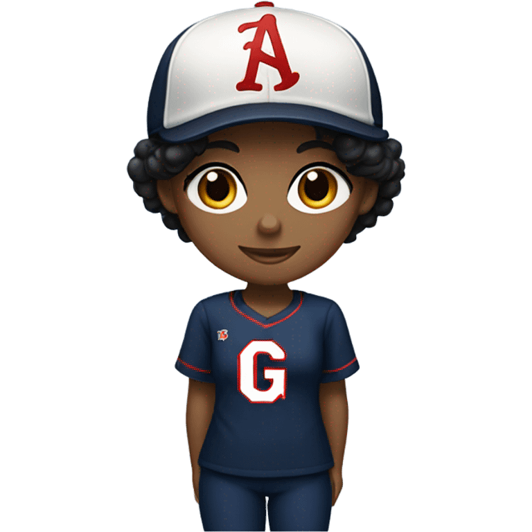 Black long hair girl wearing navy ballcap emblazoned with a red G initial and wearing baseball uniform emoji