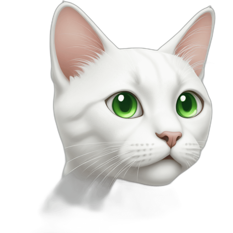 A white cat with green eyes looking confused and meowing emoji