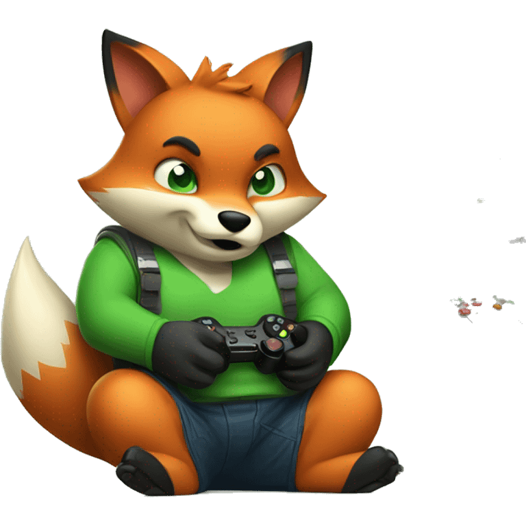 Fat fox with green eyes playing video games  emoji