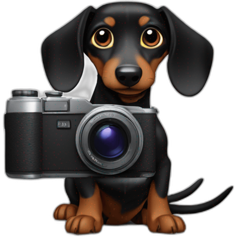 a black dachshund dog holds a camera SONY in its paws medium plan emoji