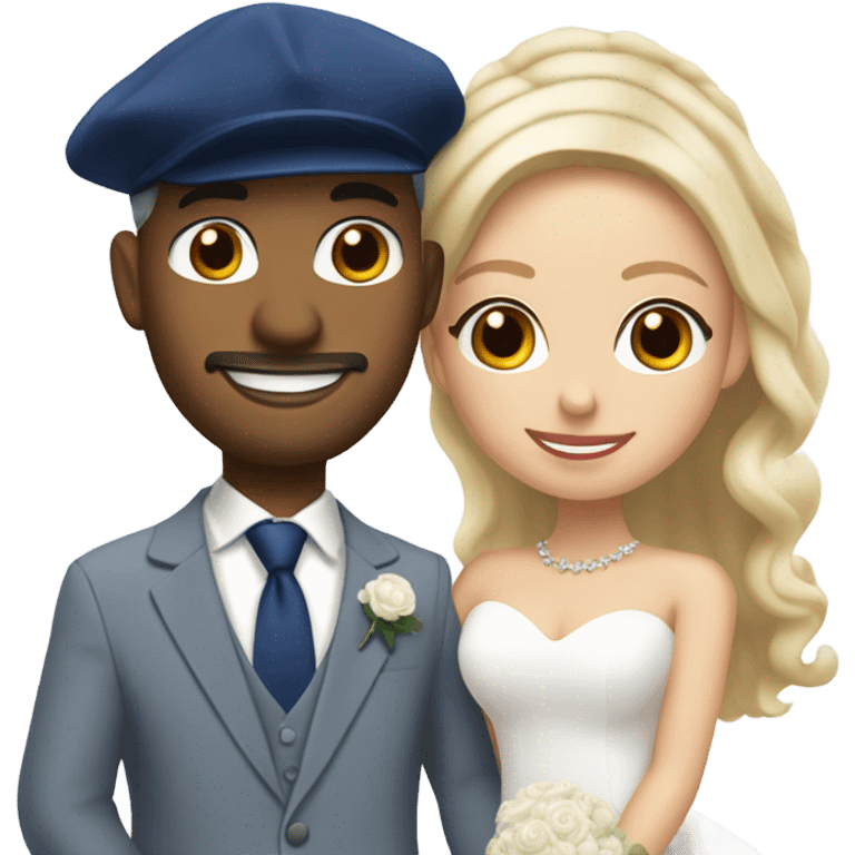 Puerto rican beard short hair with blue hat and navy blue suit getting Married with blond long hair girl with white  wedding dress  emoji