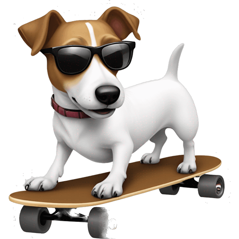 White & brown Jack Russel Terrier on a skateboard with sunglasses emoji