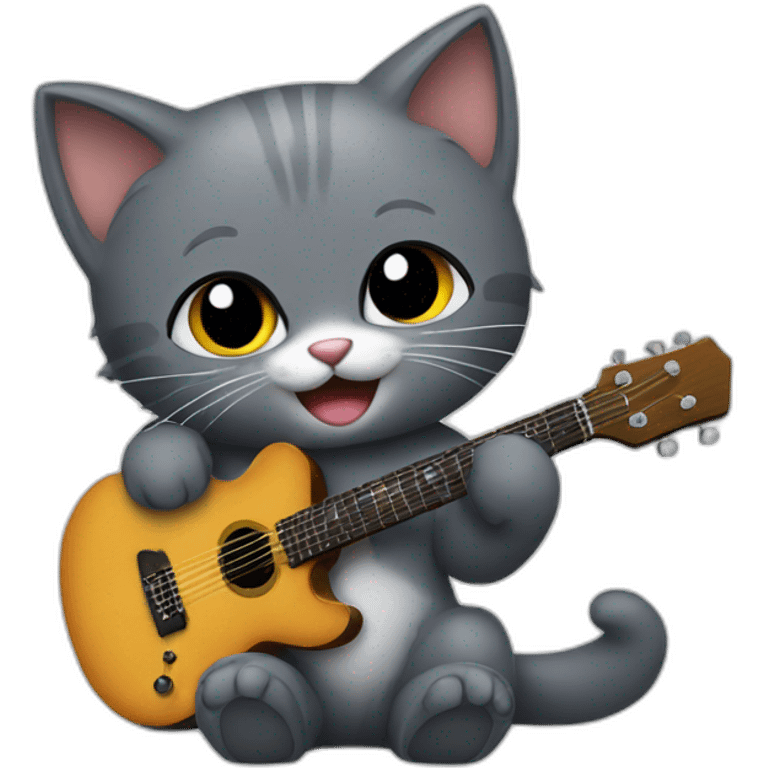 A dark grey kitten playing the guitar emoji