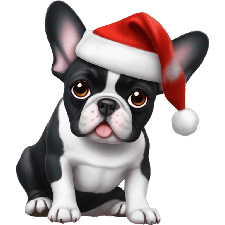 Black and White French bulldog with Christmas hat ￼ emoji