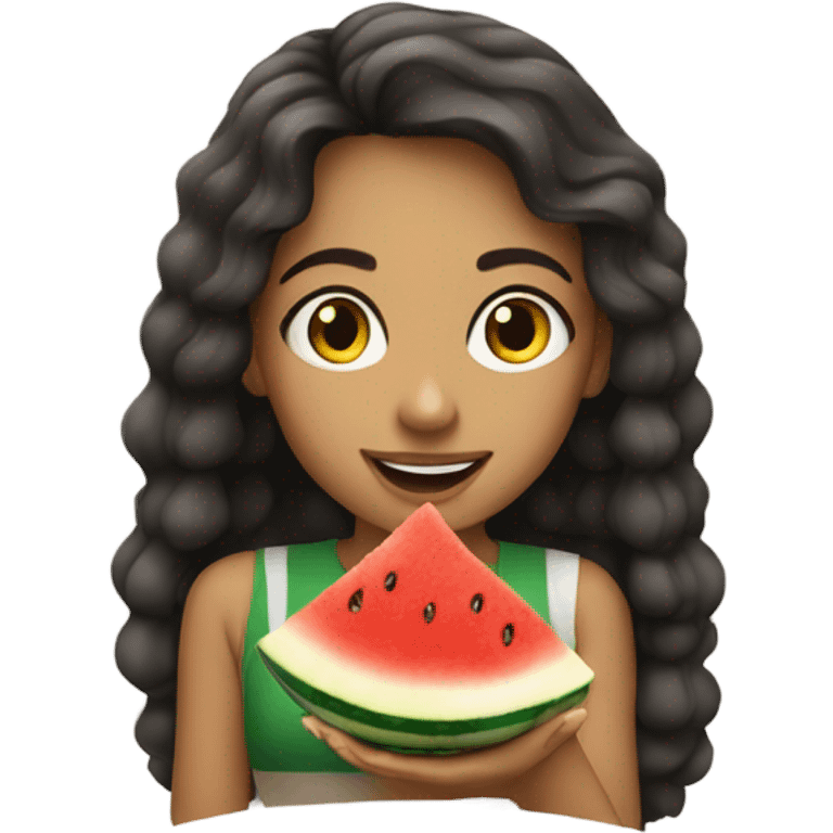 A photo of a beautiful girl eating a Palestinian  watermelon  emoji