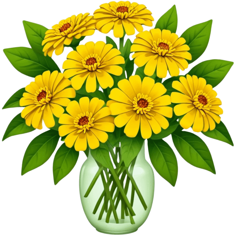 big bouquet Yellow Zinnia, luxuriant, stem, leaf emoji