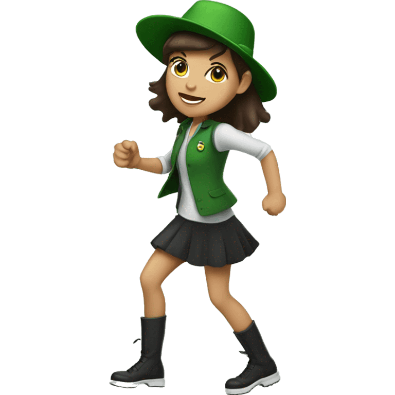 girl in hat kicking crowd with green accents and nothing behind her and she is brunette  emoji