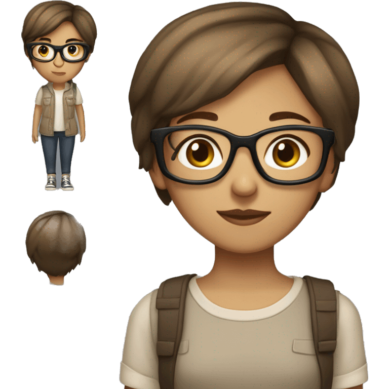 Girl with short brown tomboy haircut, brown eyes, light brown skin, dresses in Tomboy style clothes, wears glasses emoji