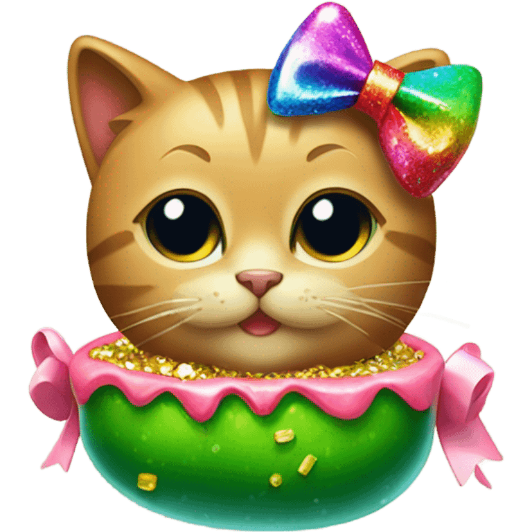 A cat wearing a bow eating a glittery pickle  emoji