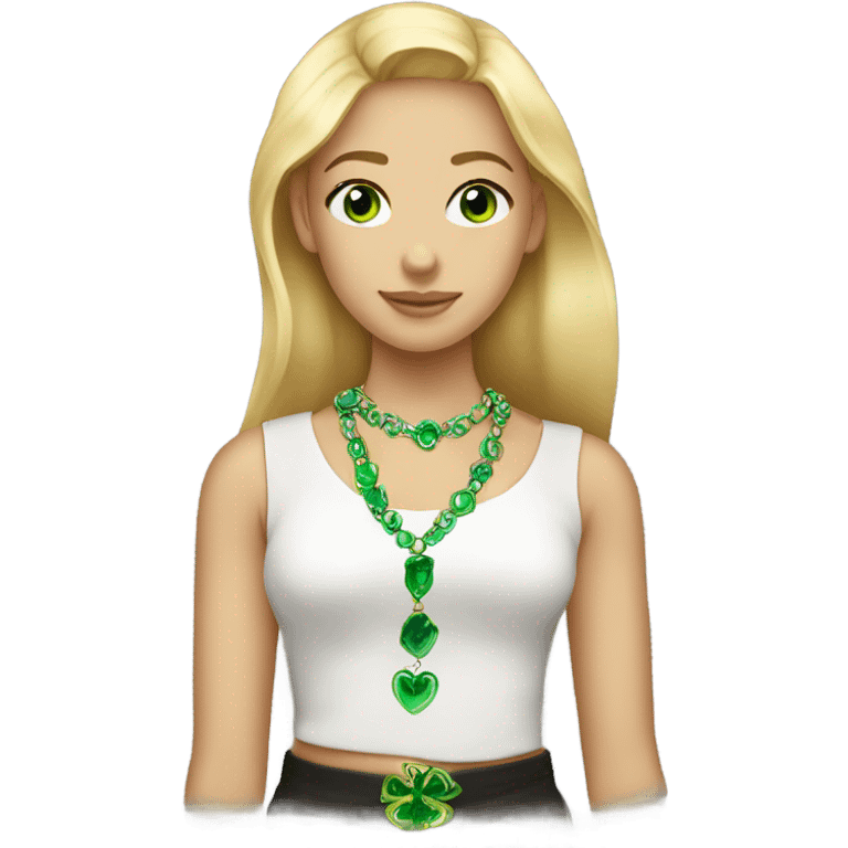 Blonde girl with green eyes wearing a necklace that says “Markelle” emoji