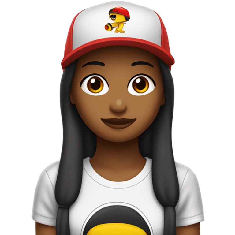 CHICA DE CABELLO HASTA LOS HOMBROS DE COLOR NEGRO, USA ANTEOJOS DE SOL, REMERA OVERSIDE COLOR ROJA Y GORRA CON VICERA. TIENE UNA ONDA MUY ATRACTIVA COMO DE SKATER emoji