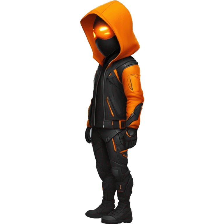 Side view developer behind his laptop with this style : crysis Cyberpunk Valorant orange glowing bright orange character orange black hooded assassin themed character emoji