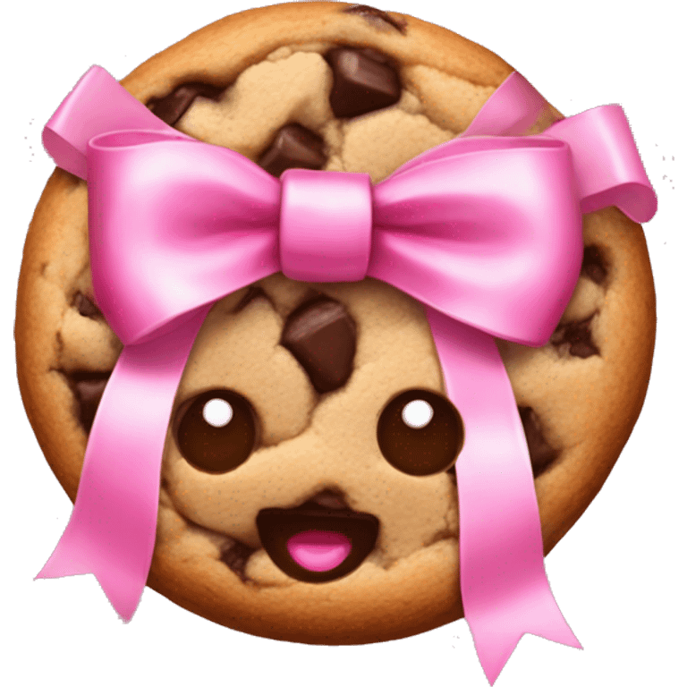 chocolate chip cookie with a pink bow wrapped on top emoji