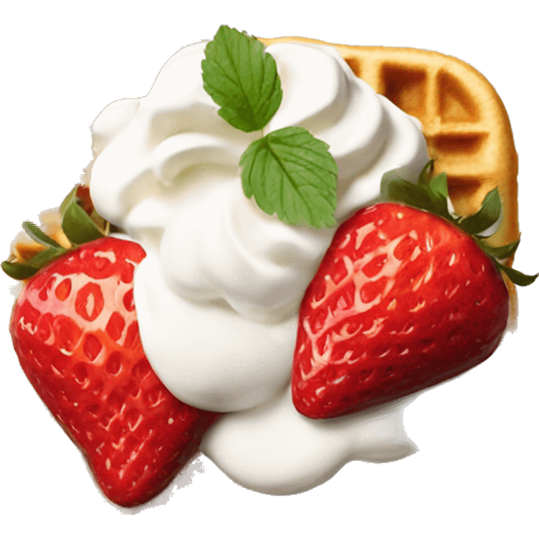 square waffle with dollop of whipped cream and strawberries on top emoji