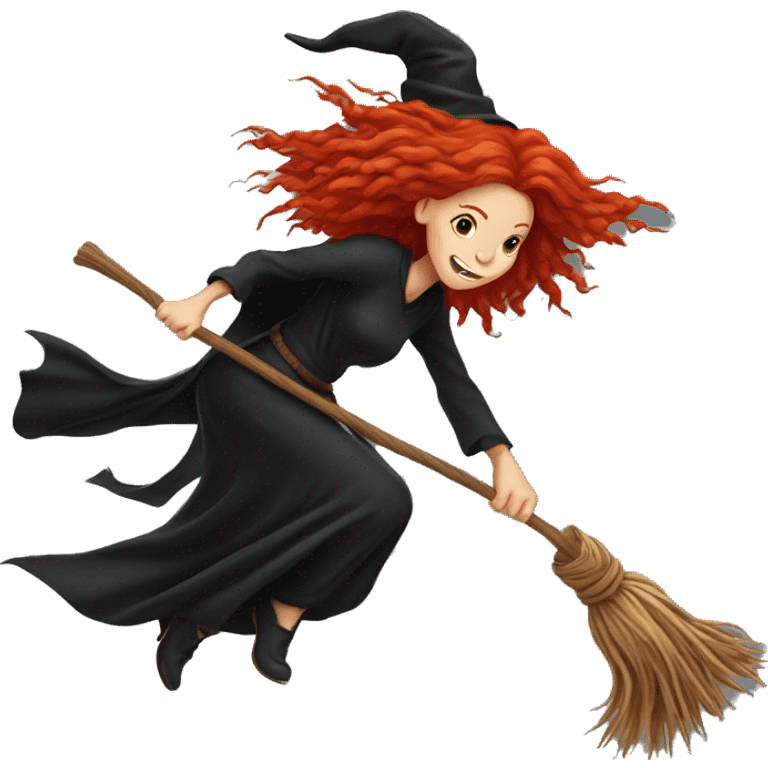 Red hair dreadlock witch flying on broom  emoji