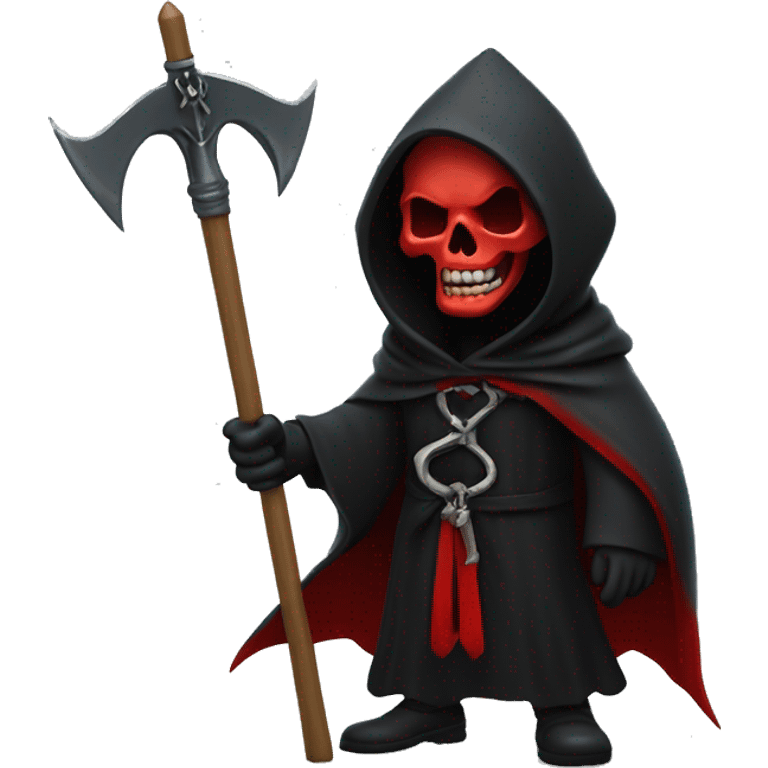 grim reaper wearing a black robe with a red inside. wearing a thorn crown. holding a bloody scythe in his left hand. holding a all black trident in his right hand. emoji