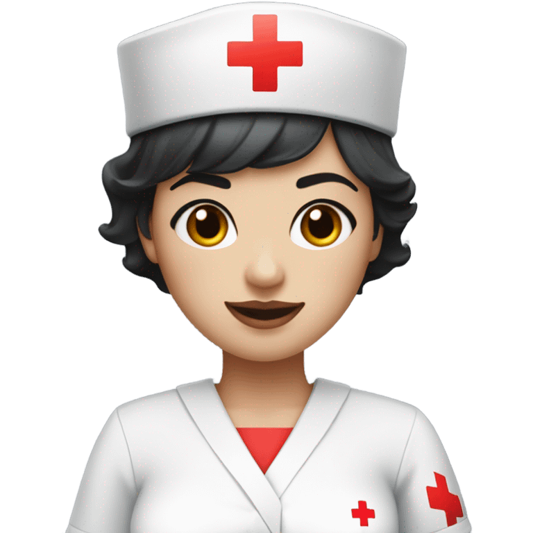 pixie cut black straight hair female nurse with red cross sign hat wearing dress
pale skin color emoji