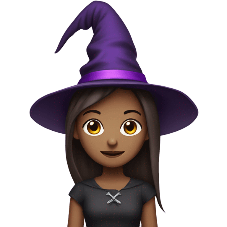 a young white thin girl with straight brown hair and dark eyes dressed as a witch with purple hat emoji